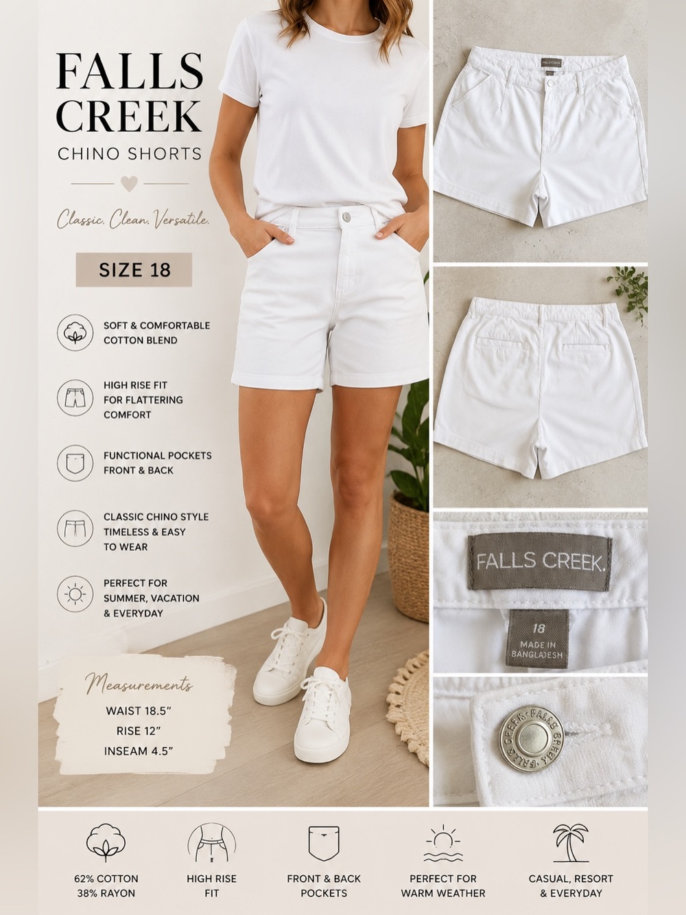 Falls Creek Women’s White High Rise Chino Shorts Size 18 Cotton Blend